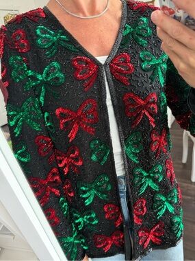 NWT Laurence Kazar Silk Beaded Sequin Bow Holiday Jacket Top M